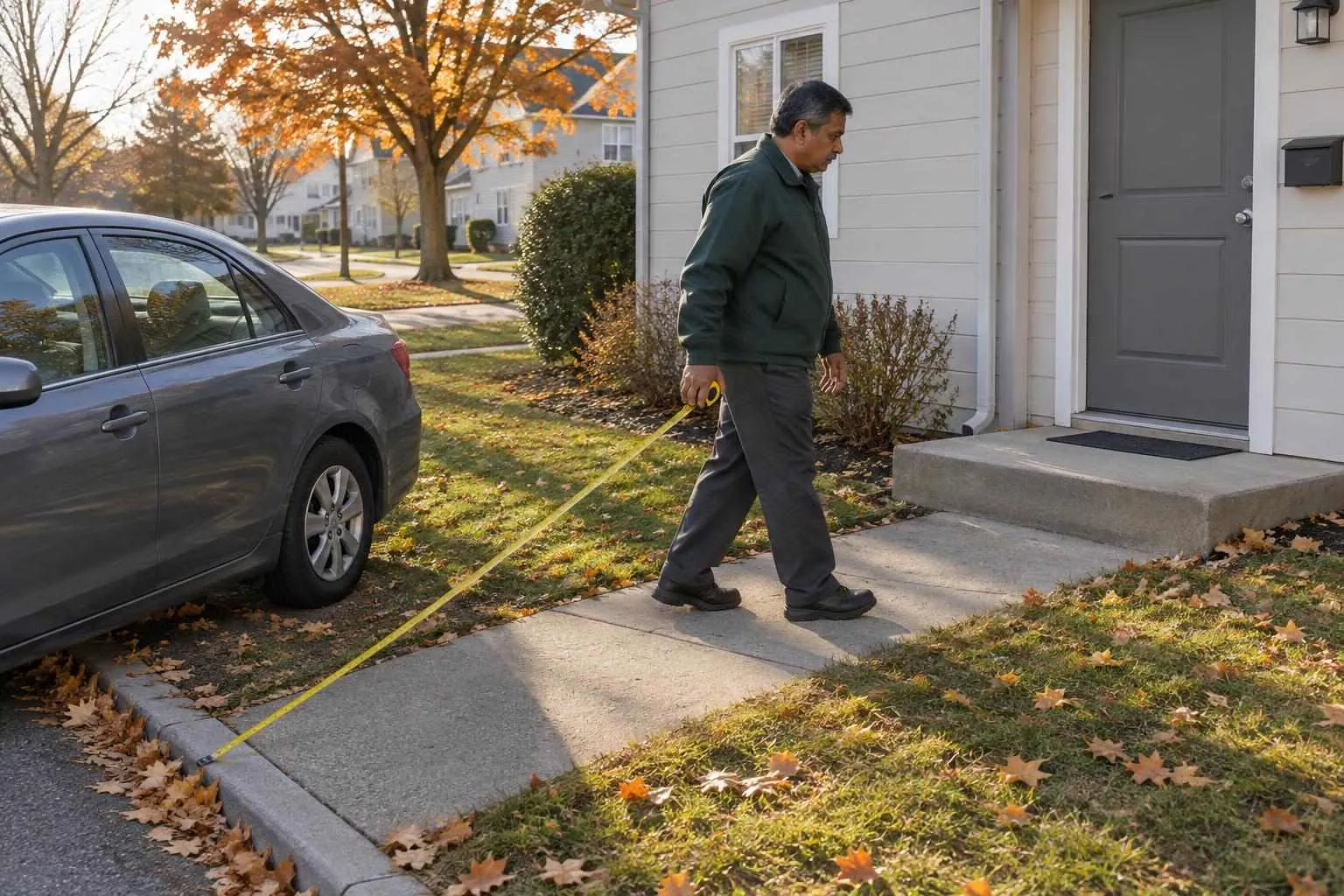 A process server in a green jacket paces a concrete path toward a duplex door, stretching a tape measure in low autumn light.