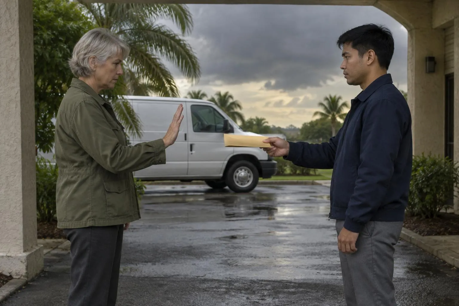 A veteran process server corrects a younger trainee's stance as he practises handing over an envelope in a humid parking lot.