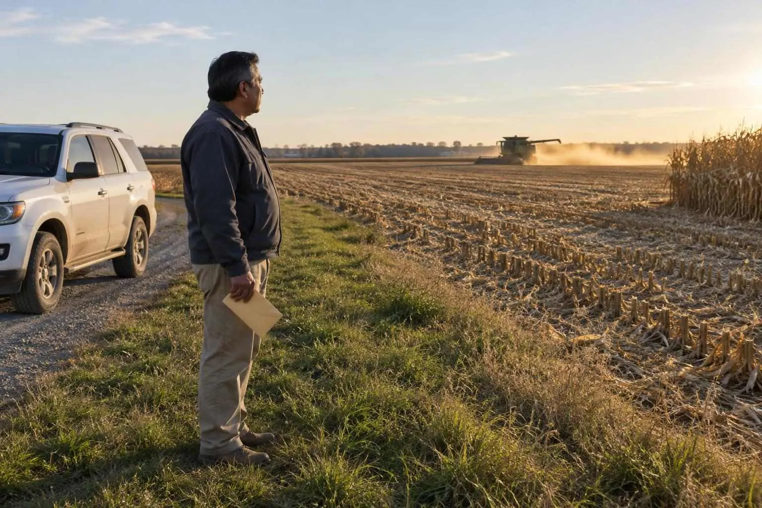 A process server stands at a cornfield's edge with an envelope, waiting for a distant combine to reach the end of its row.