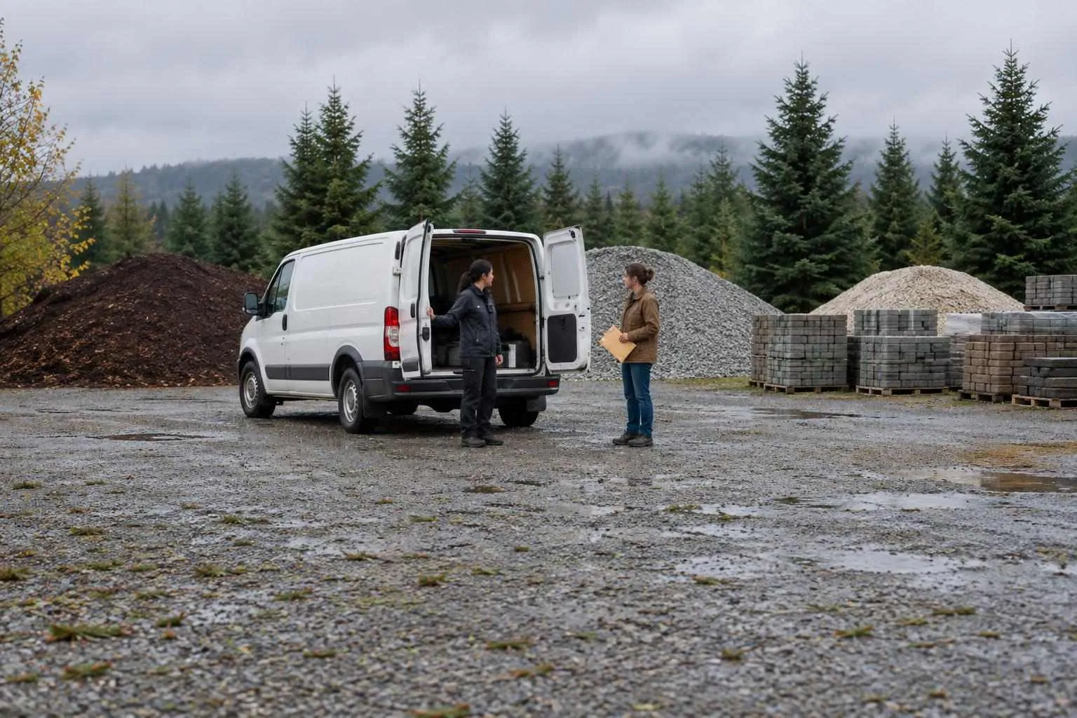 A process server and a landscape-yard owner talk beside an open van in a gravel yard, the owner holding a sealed envelope.