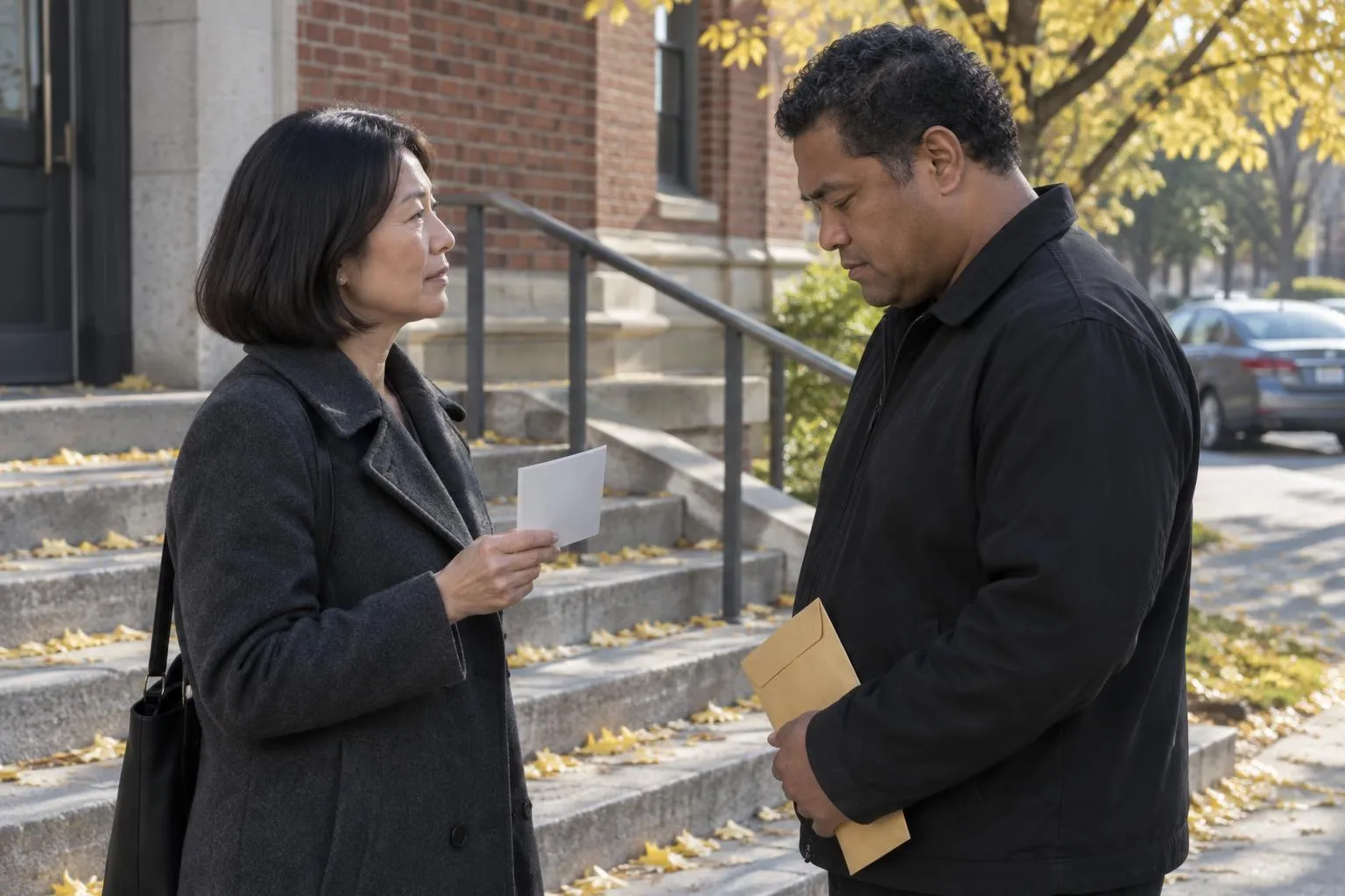An attorney holds a photo print toward a process server, who studies it while holding a tan envelope on brick steps.