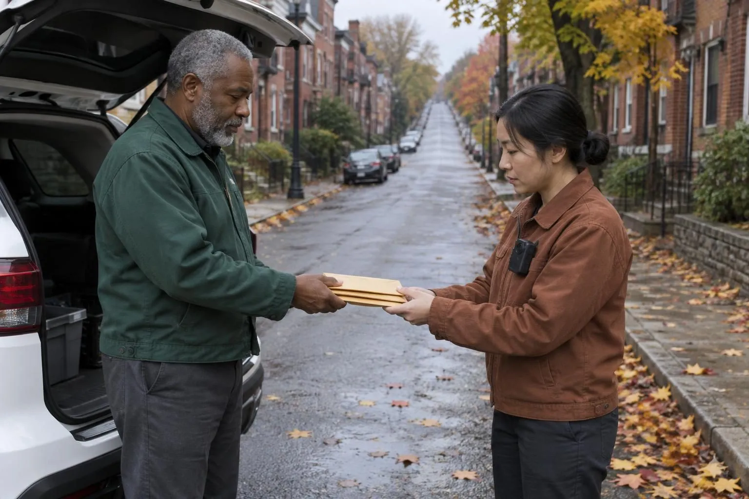Two process servers pass a bundle of sealed tan envelopes at the open tailgate of a white SUV on a wet hillside street.