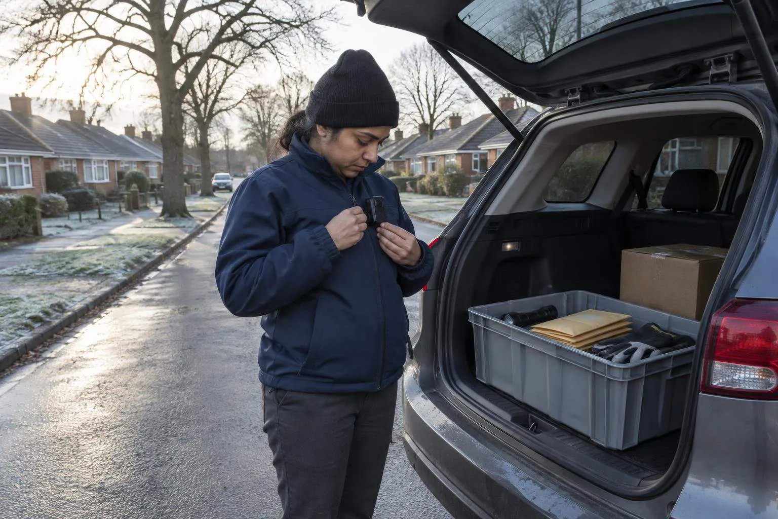 A process server clips a plain body camera to her jacket at the open hatch of her SUV, a few tools in a crate beside a taped box.