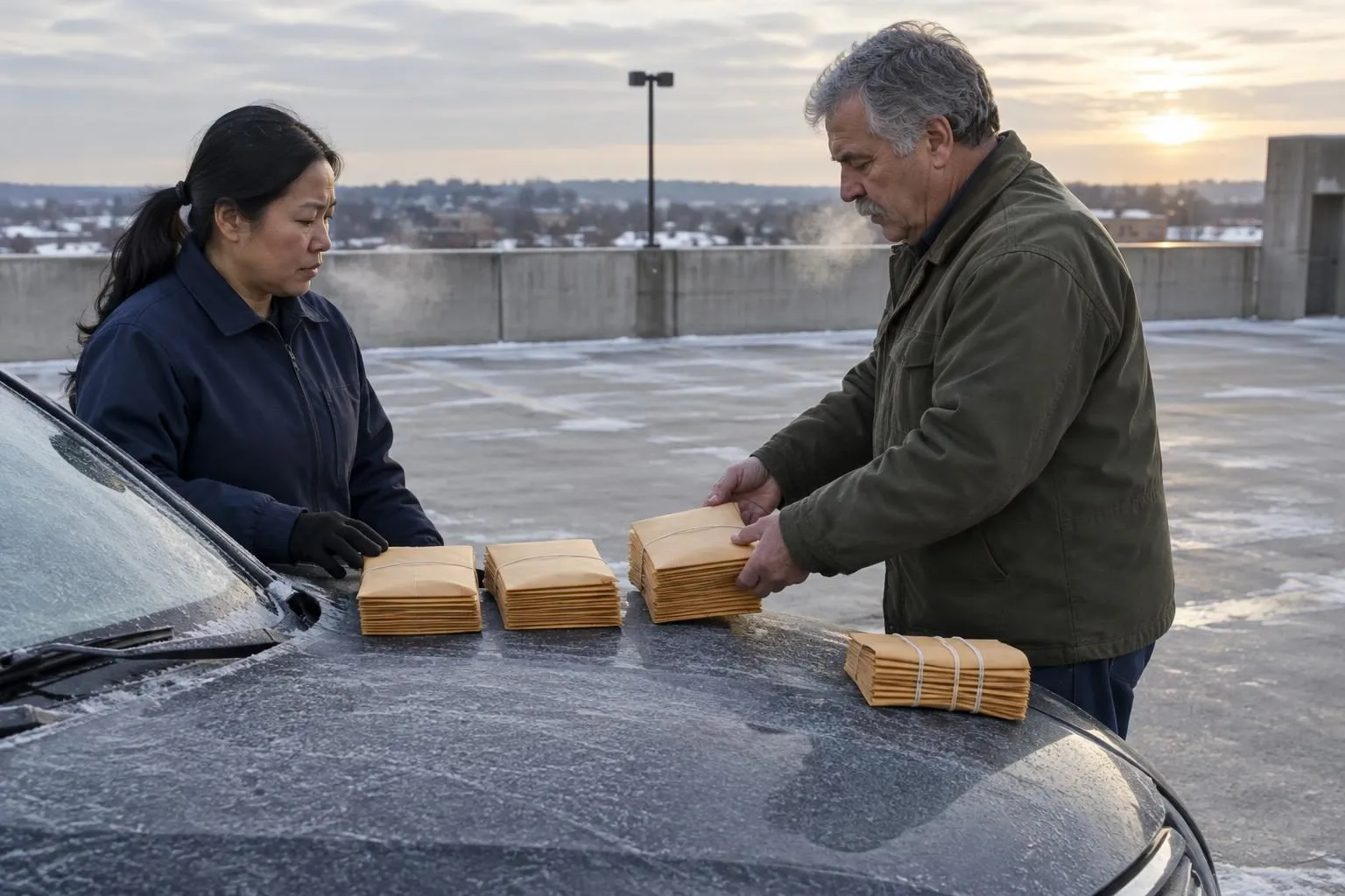 Two process servers divide bundles of sealed tan envelopes laid in a row on a frosted car hood in a cold courthouse parking deck.