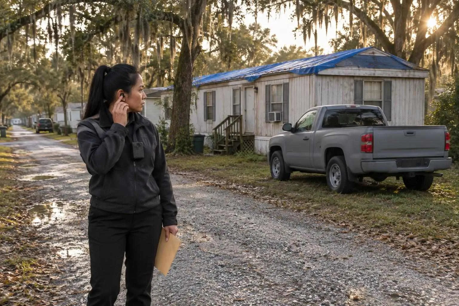 A woman process server stops on a gravel lane, hand at her earbud and an envelope in the other, eyeing a mobile home.