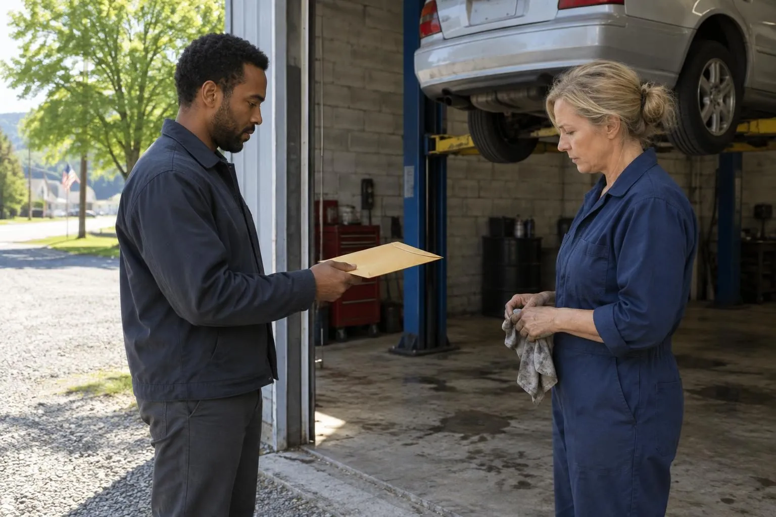 A process server hands a sealed envelope to a woman mechanic in the open bay of a small garage on a bright spring morning.