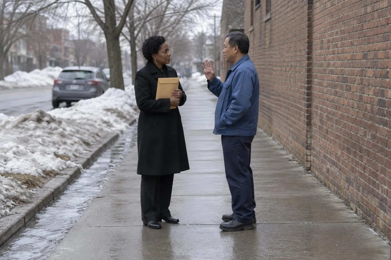 A client holds a sealed envelope to her coat while a process server raises three fingers as he answers her.