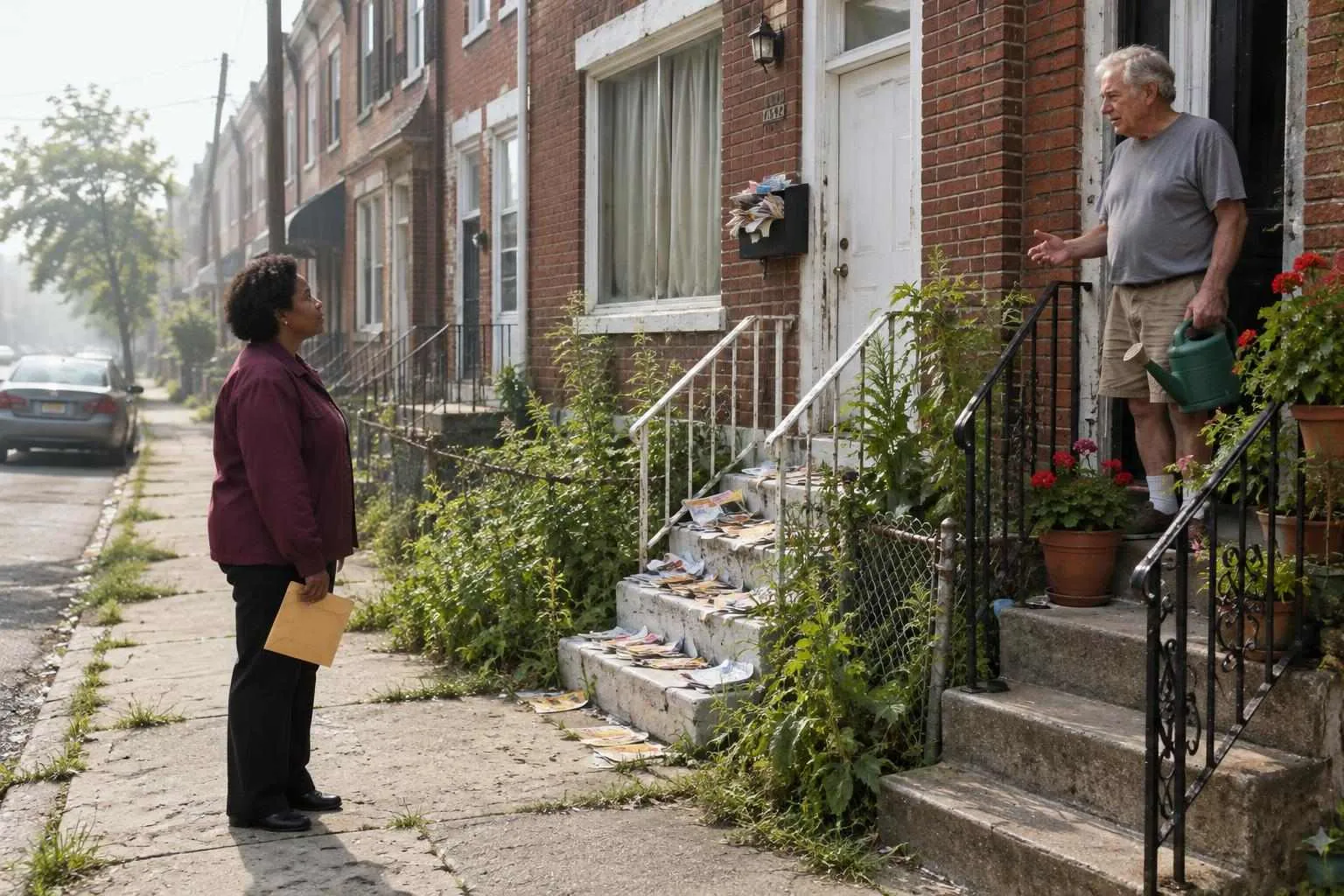 A process server on a row-house pavement studies a neglected stoop piled with flyers while a neighbour with a watering can talks with her.