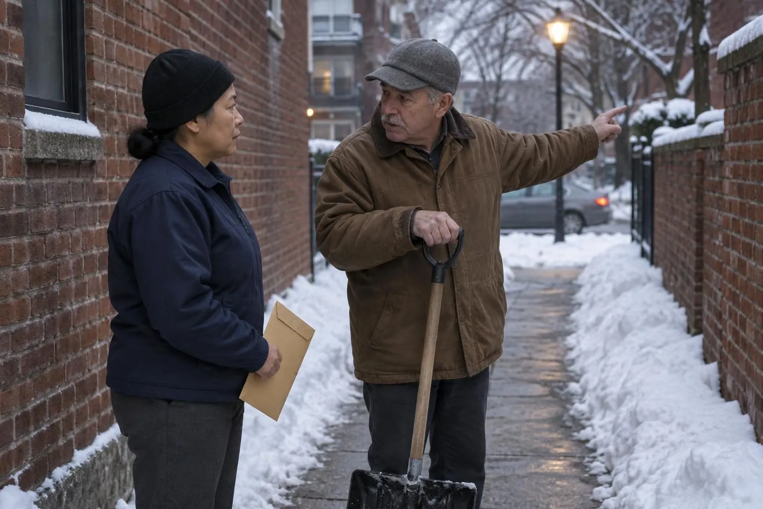 A woman process server holding an envelope listens as an older caretaker with a snow shovel points down a snowy alley.