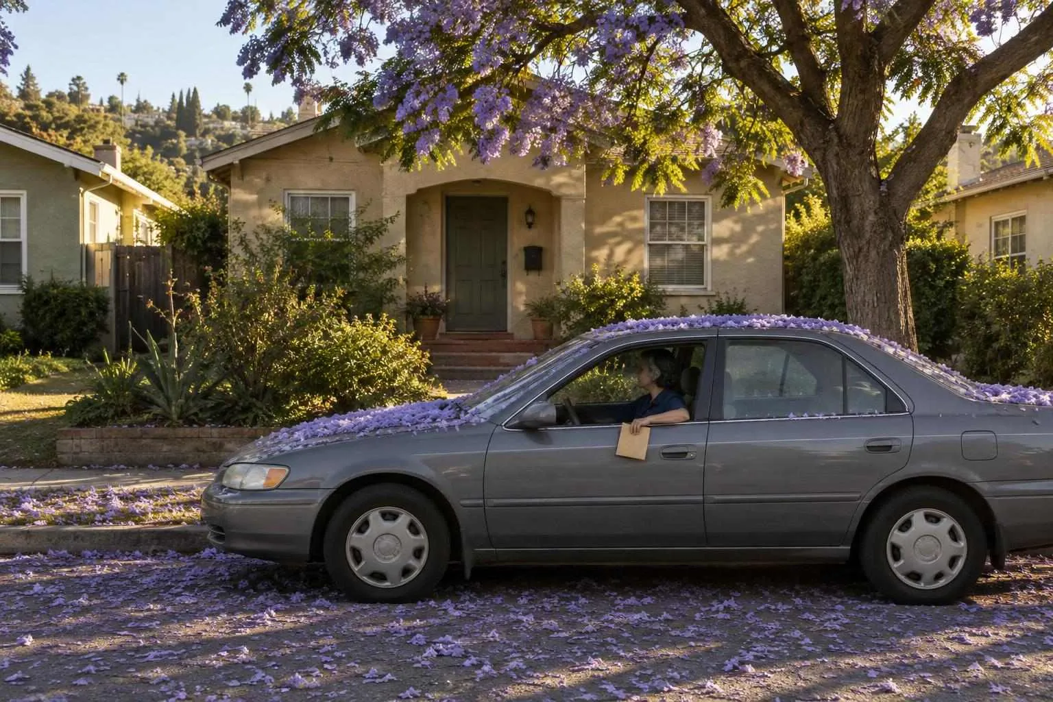A woman process server waits in a parked car, envelope in hand, jacaranda blossoms piled on the hood, watching a bungalow.
