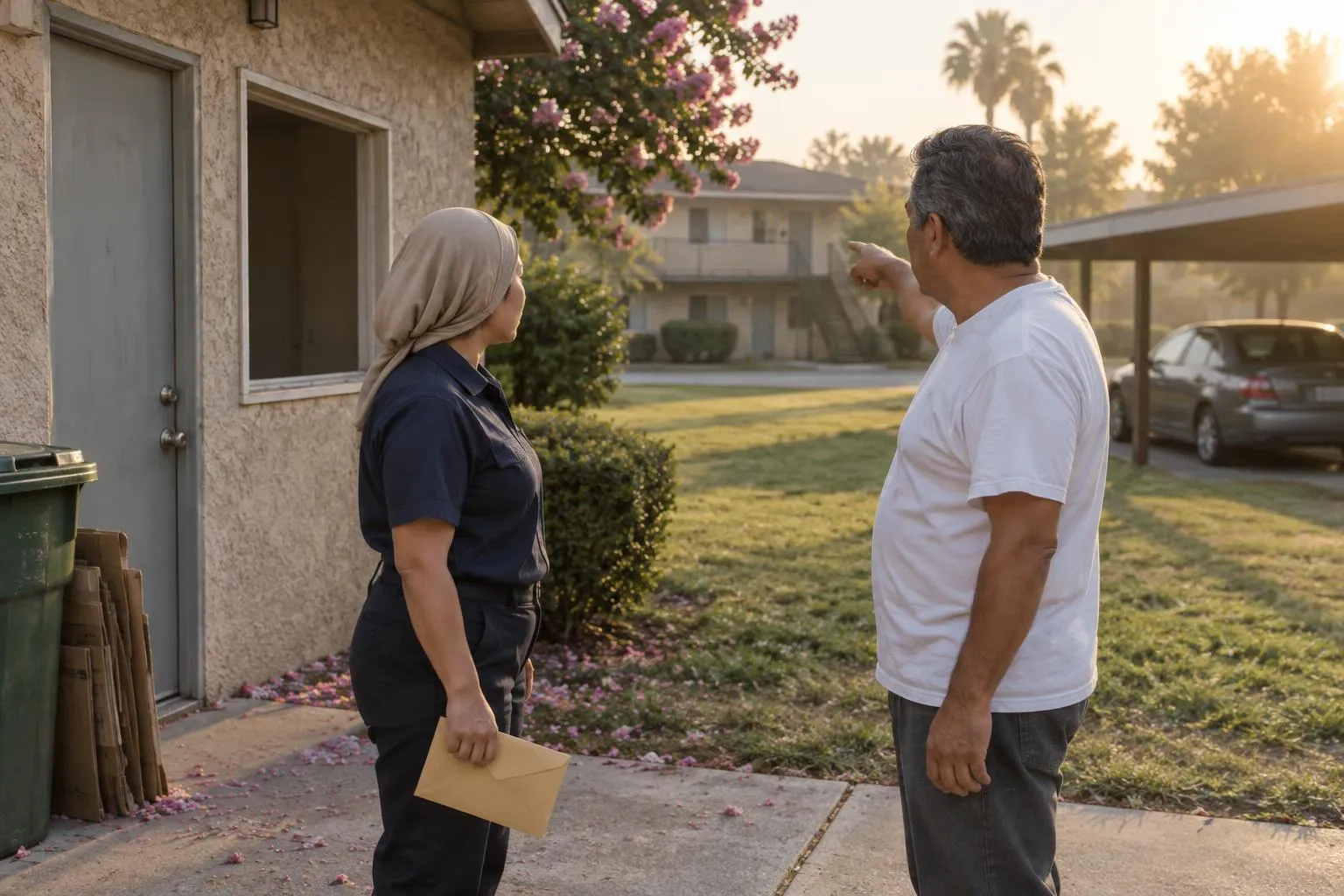 A client points across an apartment courtyard while a process server listens, envelope in hand, beside a vacated unit.
